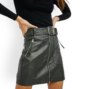 Dark Green Faux Leather Silver Zippers Wide Belt Utility Mini Skirt NEW